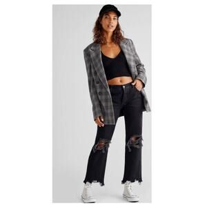 Free People Women's Maggie Mid Rise Straight Denim Jeans Button Fly Washed Black